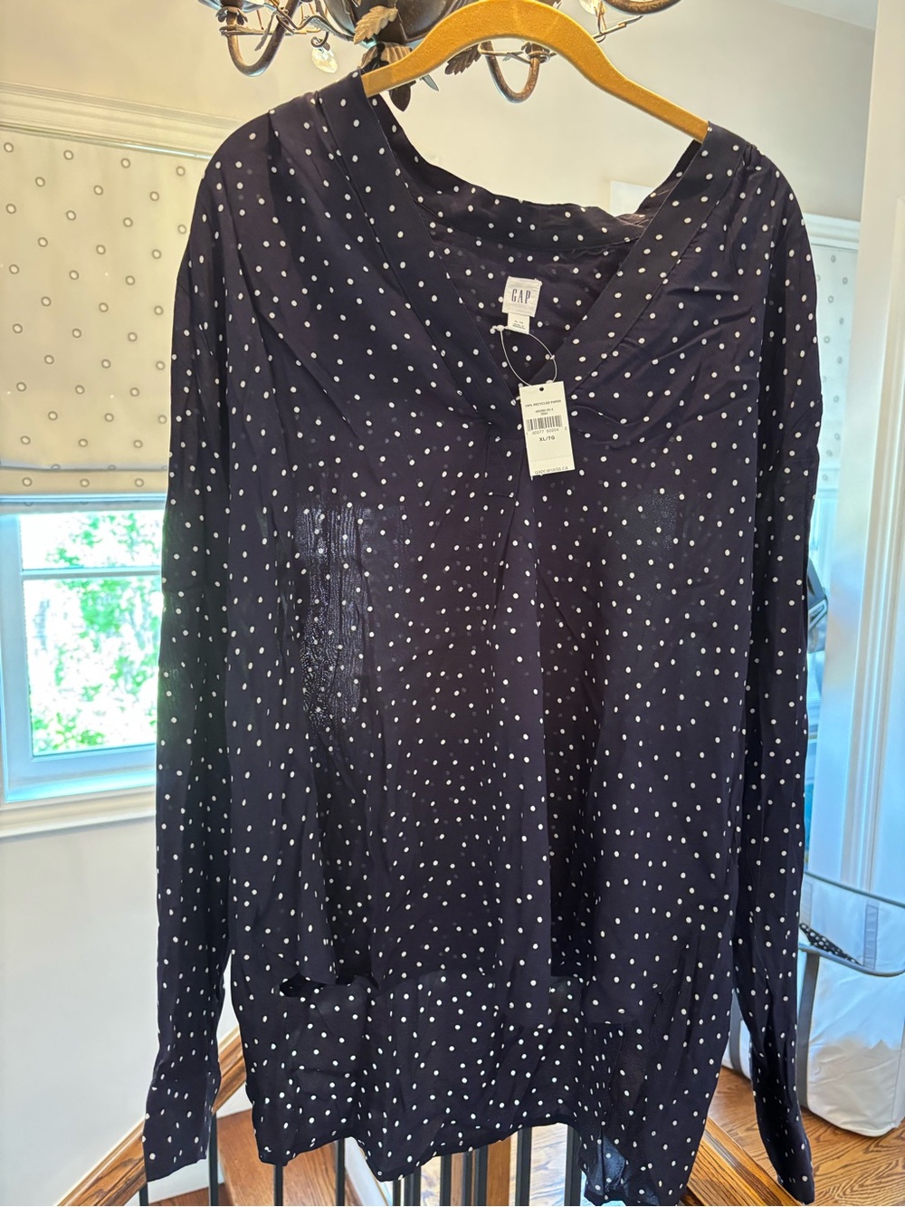 GAP Navy with White Polka Dot Long Sleeve Top, XL, longer at the back!